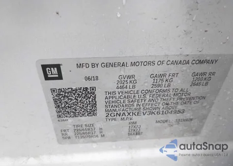 2019 Chevrolet Equinox Lt из США, поврежденный, VIN 2GNAXKEV3K6104953